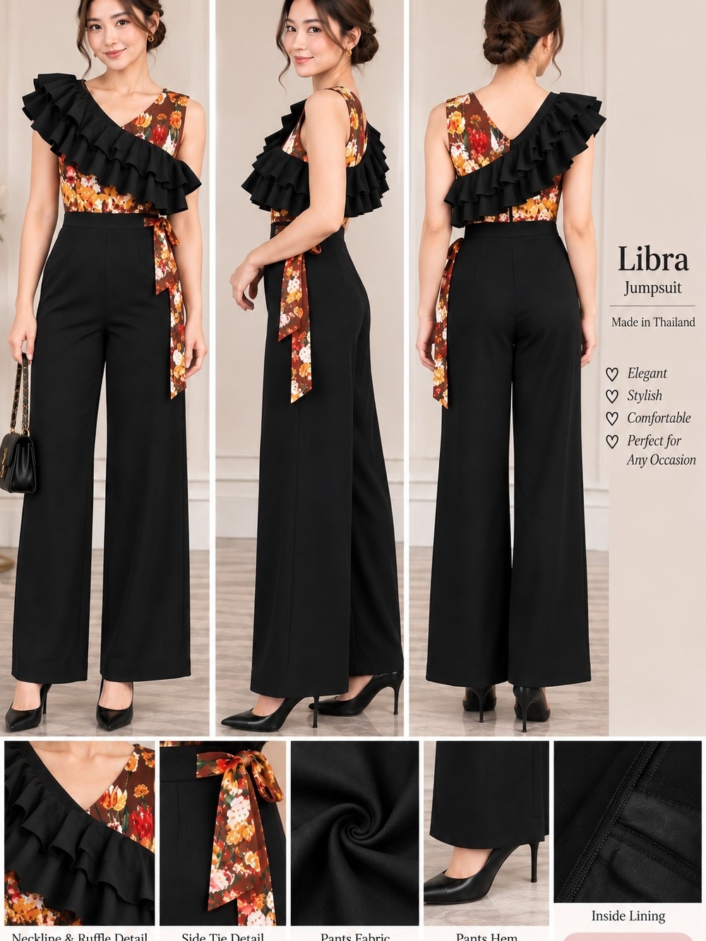 Libra Floral One-Shoulder Black Jumpsuit